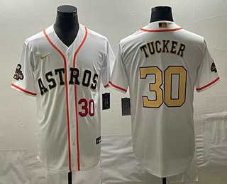 Mens Houston Astros #30 Kyle Tucker Number 2023 White Gold World Serise Champions Patch Cool Base Stitched Jerseys